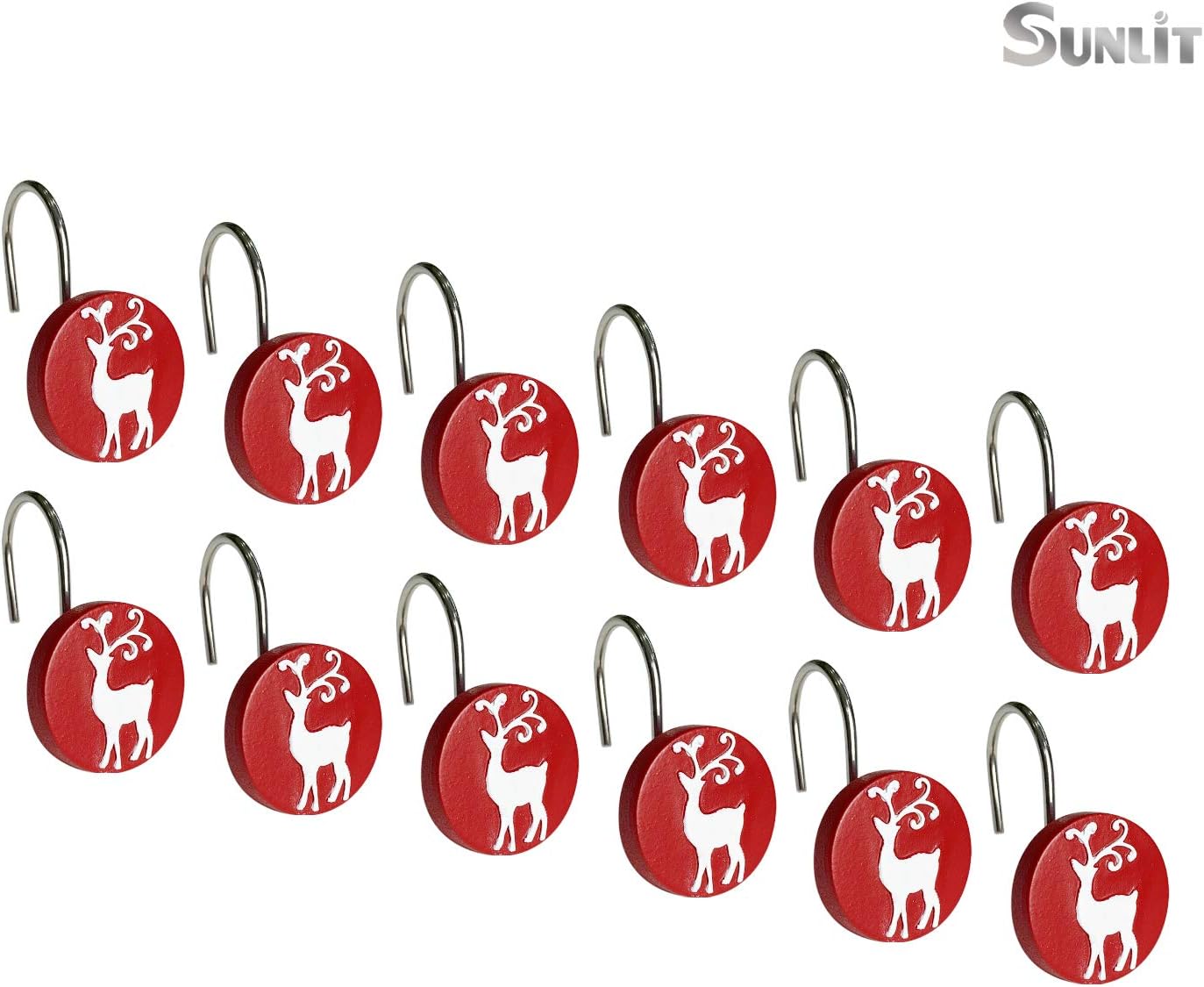 Sunlit Merry Christmas Shower Curtain Hooks White Reindeer Red Shower Curtain Rings, Resin, Winter Bathroom Decoration - 12 Pack