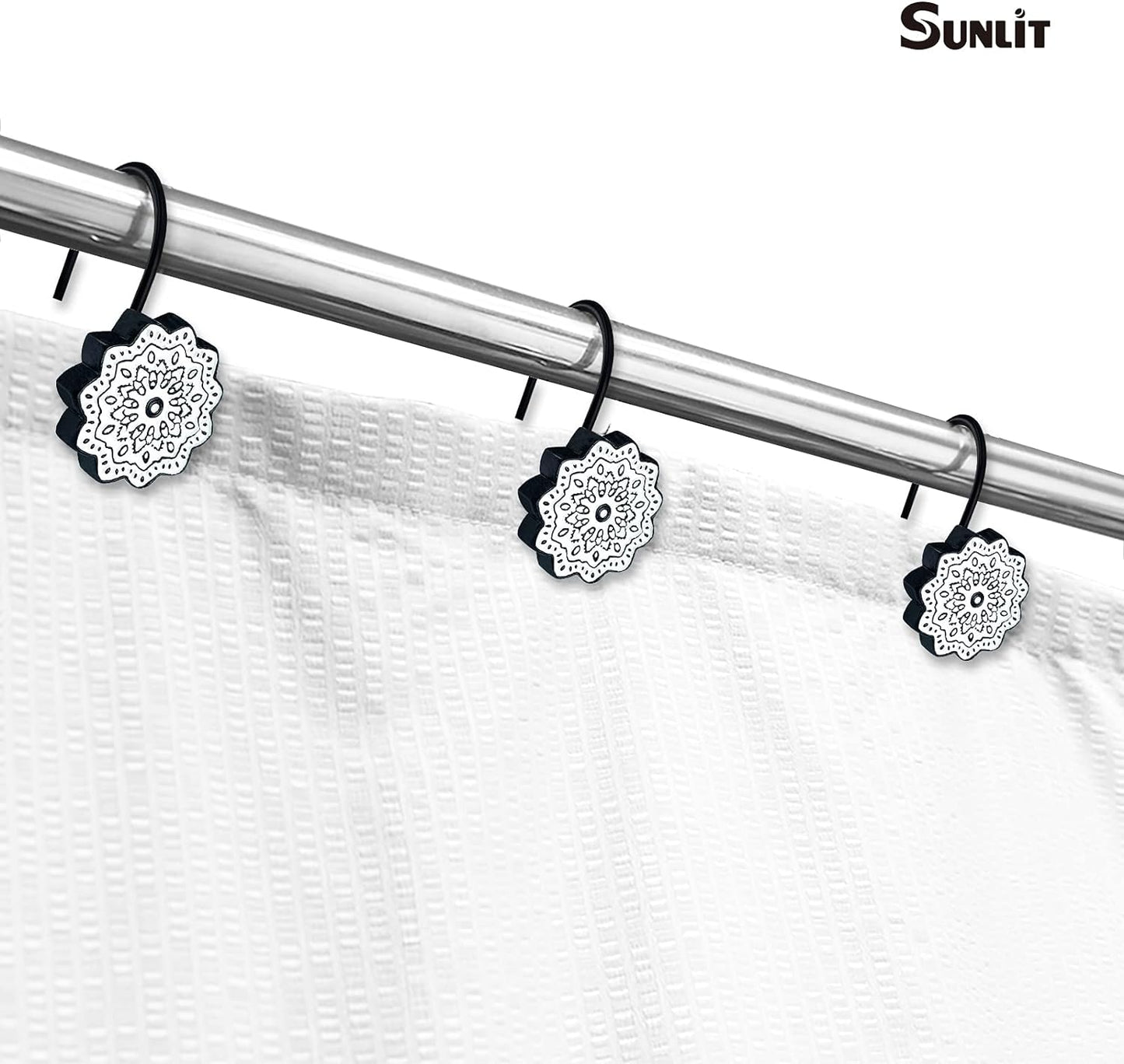 Sunlit Boho Decorative Shower Curtain Hooks, Medallion Black and White Shower Curtain Rings, Resin, Bathroom Decoration Boho Mandala Flower Shower Curtain Hooks-12 Pack