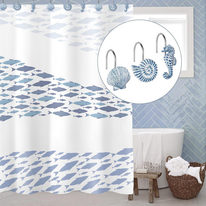 Sunlit Seashells Decorative Shower Curtain Hooks, Blue Ocean Creatures Coastal Shower Curtain Rings, Resin, Nautical Bathroom Decoration Beach Shower Curtain Hooks-12 Pack