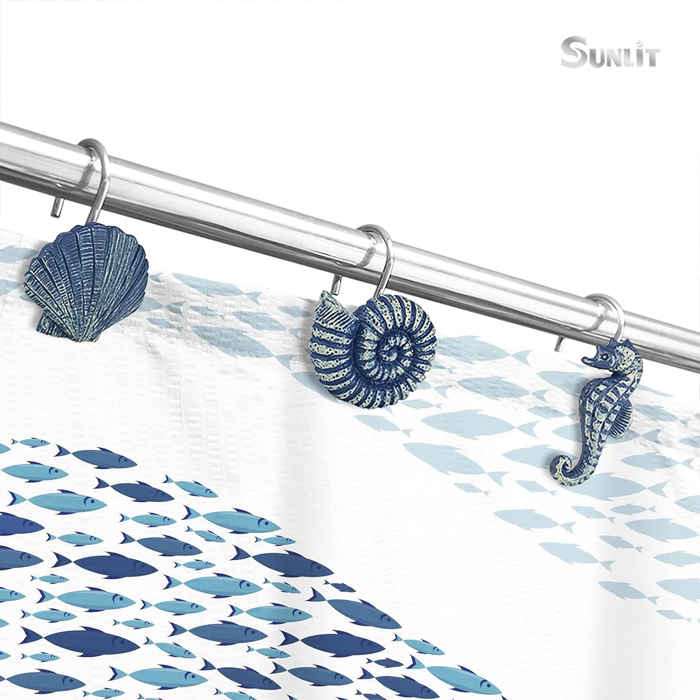 Sunlit Seashells Decorative Shower Curtain Hooks, Blue Ocean Creatures Coastal Shower Curtain Rings, Resin, Nautical Bathroom Decoration Beach Shower Curtain Hooks-12 Pack