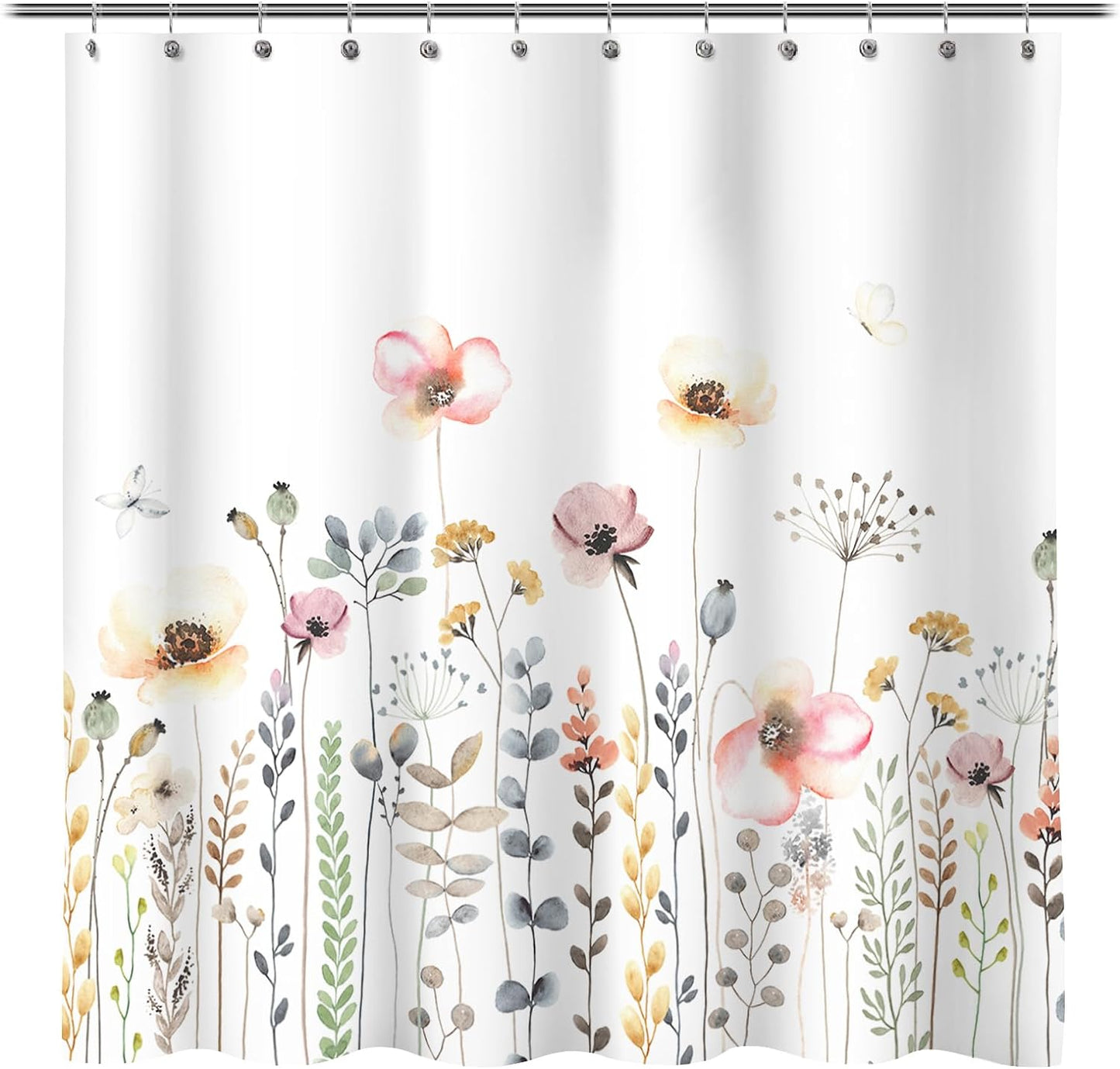 Floral Plant Fabric Shower Curtain, Spring Blue and Green Flower Shower Curtains for Home Decor, Botanical Bath Curtain for Bathroom Washable, 71x71