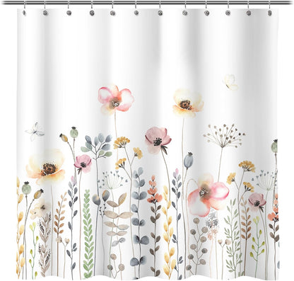 Floral Plant Fabric Shower Curtain, Spring Blue and Green Flower Shower Curtains for Home Decor, Botanical Bath Curtain for Bathroom Washable, 71x71