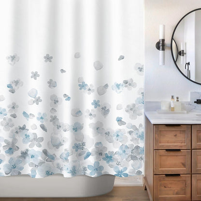 Sunlit Design Simple Style Blue and Gray Flower Blossoms Fabric Shower Curtains for Bathroom Decor with White Background, Machine Washable