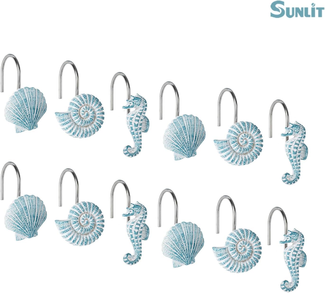 Sunlit Seashells Decorative Shower Curtain Hooks, Blue Ocean Creatures Coastal Shower Curtain Rings, Resin, Nautical Bathroom Decoration Beach Shower Curtain Hooks-12 Pack