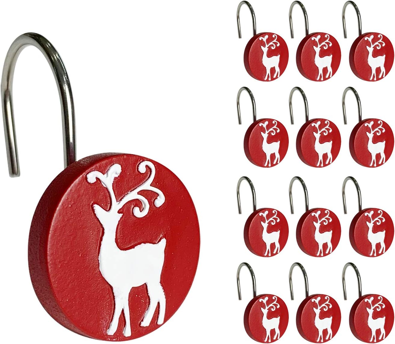 Sunlit Merry Christmas Shower Curtain Hooks White Reindeer Red Shower Curtain Rings, Resin, Winter Bathroom Decoration - 12 Pack