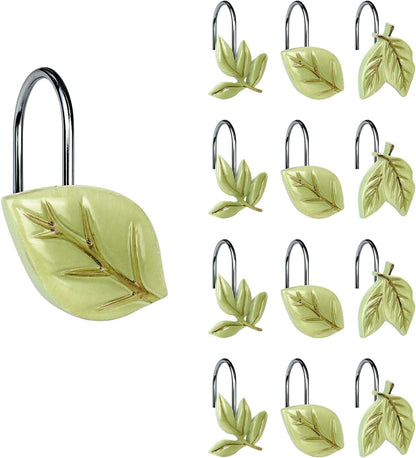 Light Green Plant Leaves Decorative Shower Curtain Hooks, Tropical Botanical Plam Tree Leaf Shower Curtain Rings for Bathroom, Resin, Cute Shower Curtain Hanger Hooks Bathroom Decor, Set of 12