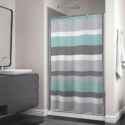 Sunlit Aqua Blue Gray Horizontal Stripes Water-Repellent Fabric Shower Curtain with Reinforced Metal Grommets Refreshing Striped Design Bathroom Decor