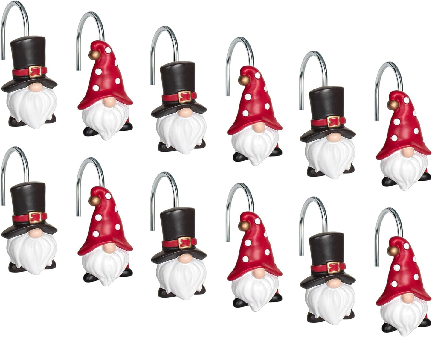 Sunlit Christmas Shower Curtain Hooks, Gnome Shower Curtain Rings, Hand Painted Resin Christmas Decor, Winter Bathroom Decoration, Black Top Hat, Set of 12