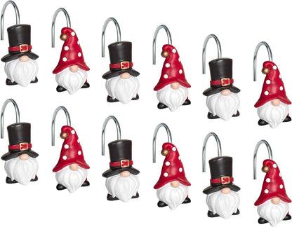 Sunlit Christmas Shower Curtain Hooks, Gnome Shower Curtain Rings, Hand Painted Resin Christmas Decor, Winter Bathroom Decoration, Black Top Hat, Set of 12