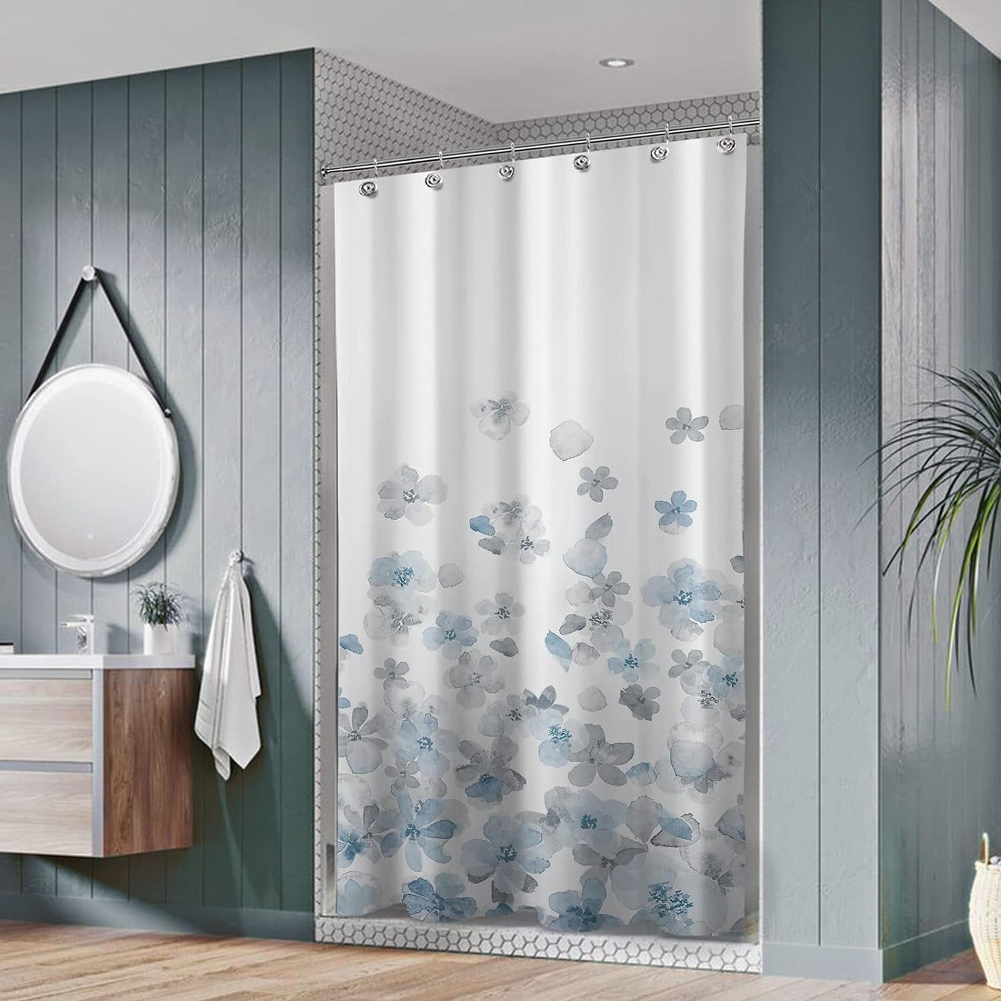 Sunlit Design Simple Style Blue and Gray Flower Blossoms Fabric Shower Curtains for Bathroom Decor with White Background, Machine Washable