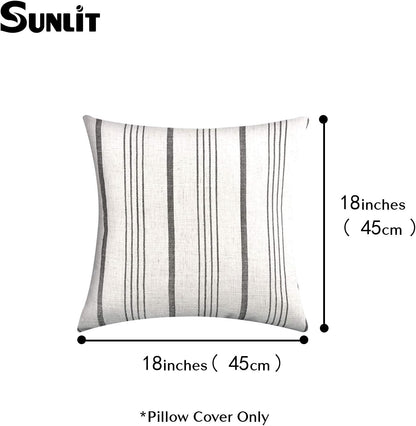 Sunlit Decorative Farmhouse Throw Pillow Case, Cover Only, Set of 2 Cream/Off-White with Charcoal Stripes Square Pillow Cover, 18" x 18", Textured Linen Throw Cushion Covers