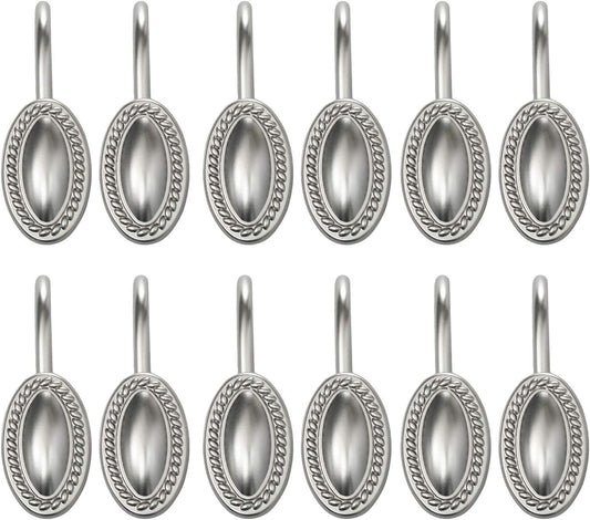 Sunlit Luxury Design Brushed Nickel Oval Shower Curtain Hooks Rust Proof Oil Rubbed Metal Shower Curtain Rings - Satin Matte Silver - 12 Pack