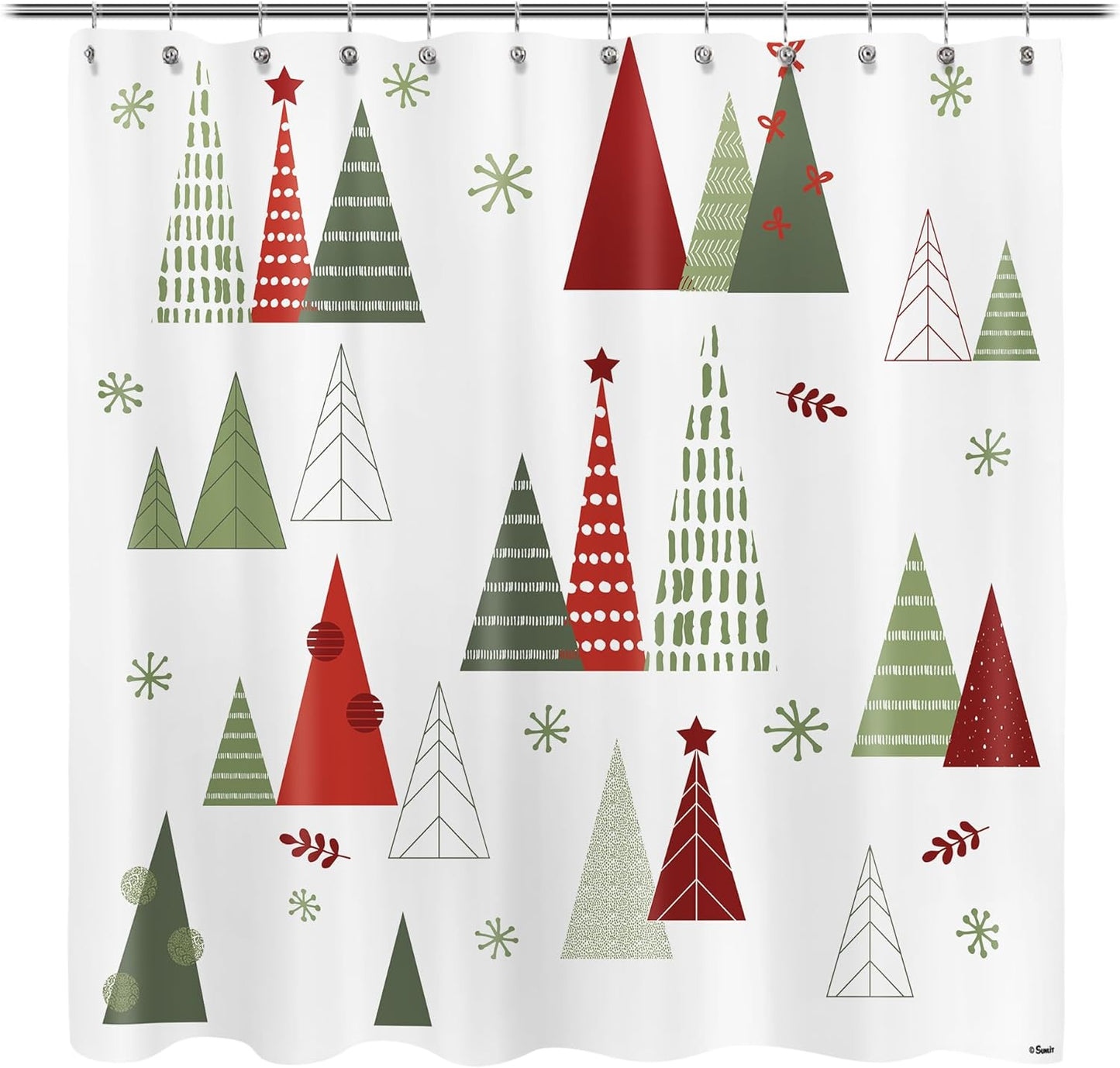 Geometric Modern Design Christmas Shower Curtain Christmas Tree Bathroom Home Office Holiday Wall Decoration as Tapestry and Photo Booth Backdrop Red Green White Printed