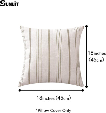 Sunlit Decorative Farmhouse Throw Pillow Case, Cover Only, Set of 2 Cream/Off-White with Charcoal Stripes Square Pillow Cover, 18" x 18", Textured Linen Throw Cushion Covers