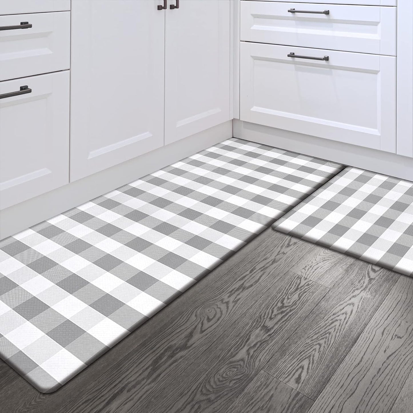 Sunlit Set of 2 Anti Fatigue Kitchen Floor Mat, Non Slip Waterproof Comfort Standing Mat, 0.4Inch Thick Cushioned Farmhouse Kitchen Rug Runner, Buffalo Plaid(Size:17"x28"&17"x47")