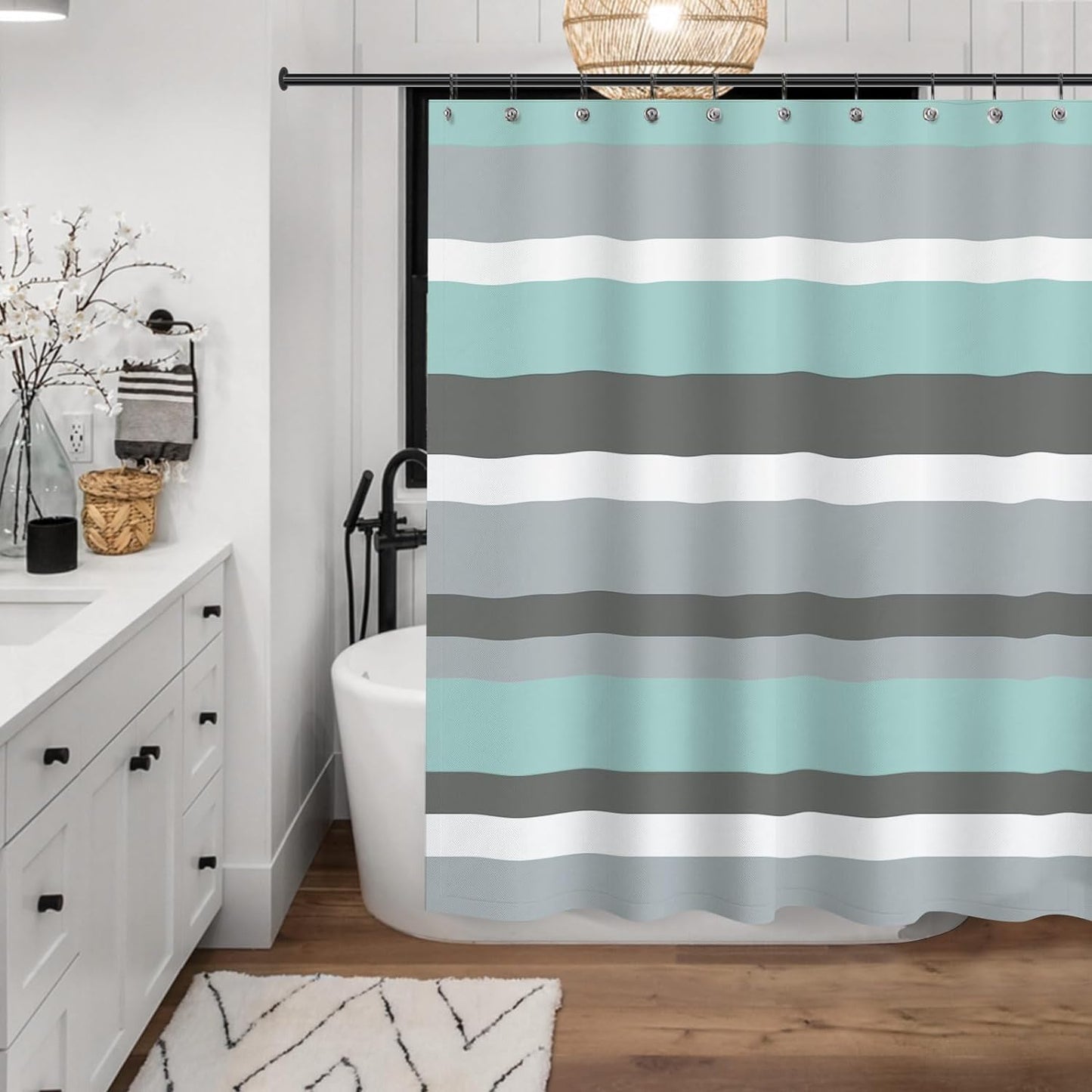 Sunlit Aqua Blue Gray Horizontal Stripes Water-Repellent Fabric Shower Curtain with Reinforced Metal Grommets Refreshing Striped Design Bathroom Decor