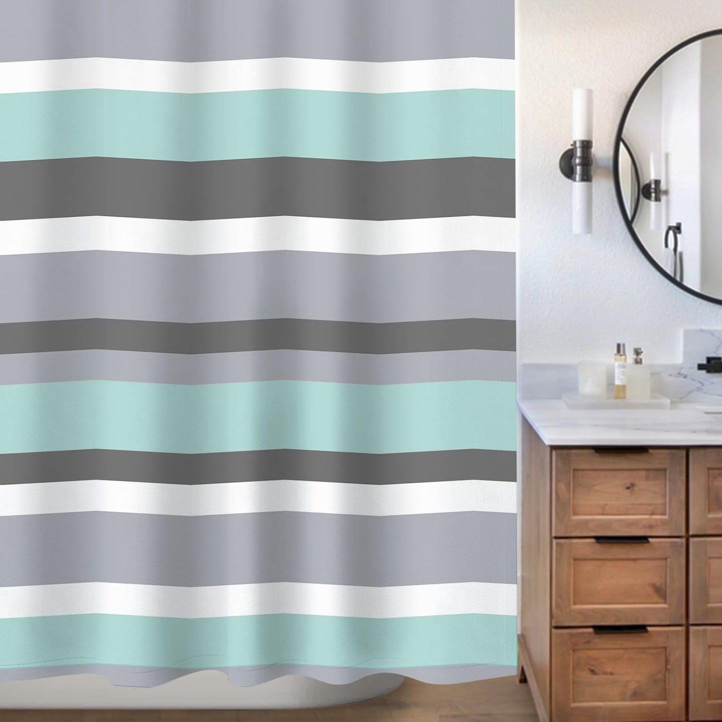 Sunlit Aqua Blue Gray Horizontal Stripes Water-Repellent Fabric Shower Curtain with Reinforced Metal Grommets Refreshing Striped Design Bathroom Decor