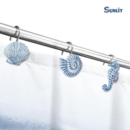 Sunlit Seashells Decorative Shower Curtain Hooks, Blue Ocean Creatures Coastal Shower Curtain Rings, Resin, Nautical Bathroom Decoration Beach Shower Curtain Hooks-12 Pack