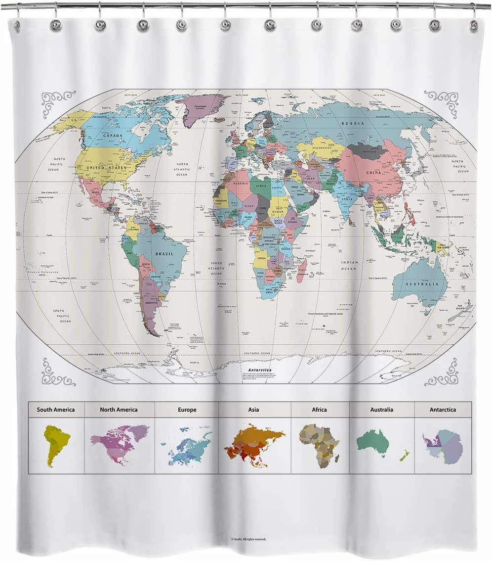 New! Map of The World with Detailed Major Cities. PVC Free, Non-Toxic and Odorless Water Repellent Fabric Shower Curtains - Large Home Decor Wall Map