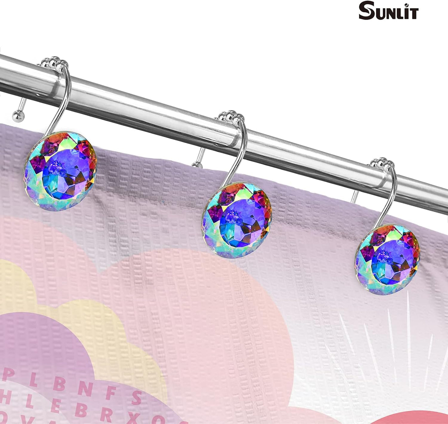 Sunlit Luxury Design Round Teal Blue Diamond Crystal Gem Bling with Glide Balls Shower Curtain Hooks for Mermaid Shower Curtains, Rust Proof Metal Rhinestones Glam Shower Curtain Rings-12 Pack