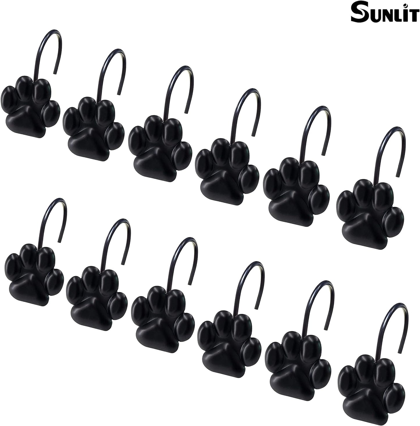 Sunlit Fashion Design Cute Paw Print Polished Shower Curtain Hooks for Dog Cat and Bear, Rust Proof Oil Rubbed Metal Shower Curtain Rings-12 Pack