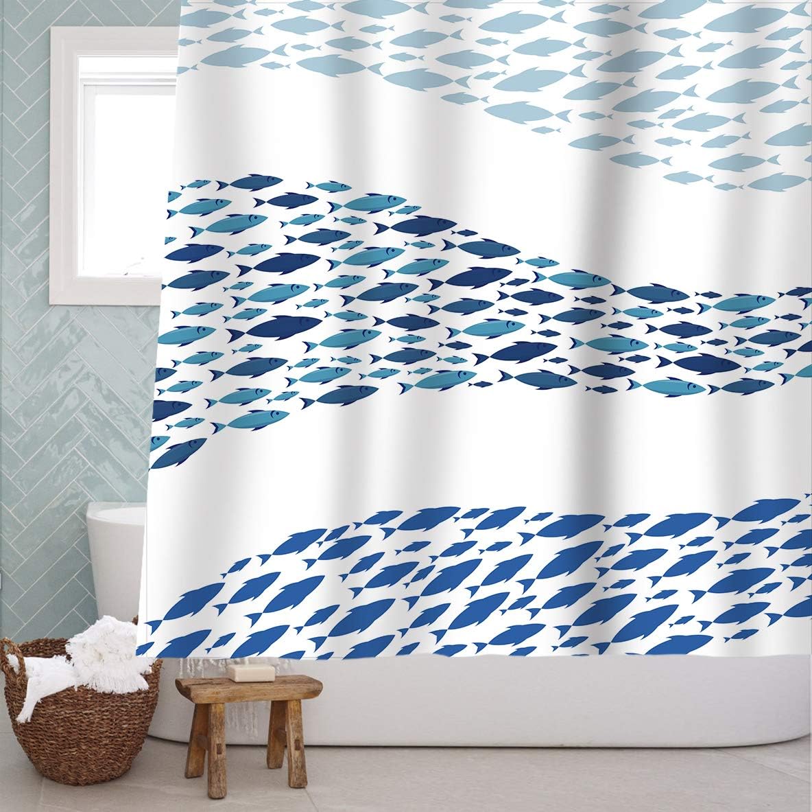 Sunlit Design Blue Fish School Fabric Shower Curtain, Cartoon Fishes Bathroom Decor Curtain, Blue