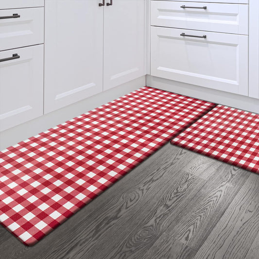 Sunlit Set of 2 Anti Fatigue Kitchen Floor Mat, Non Slip Waterproof Comfort Standing Mat, 0.4 Inch Thick Cushioned Farmhouse Kitchen Rug Runner, White Red Buffalo Check (17"x28"&17"x47")