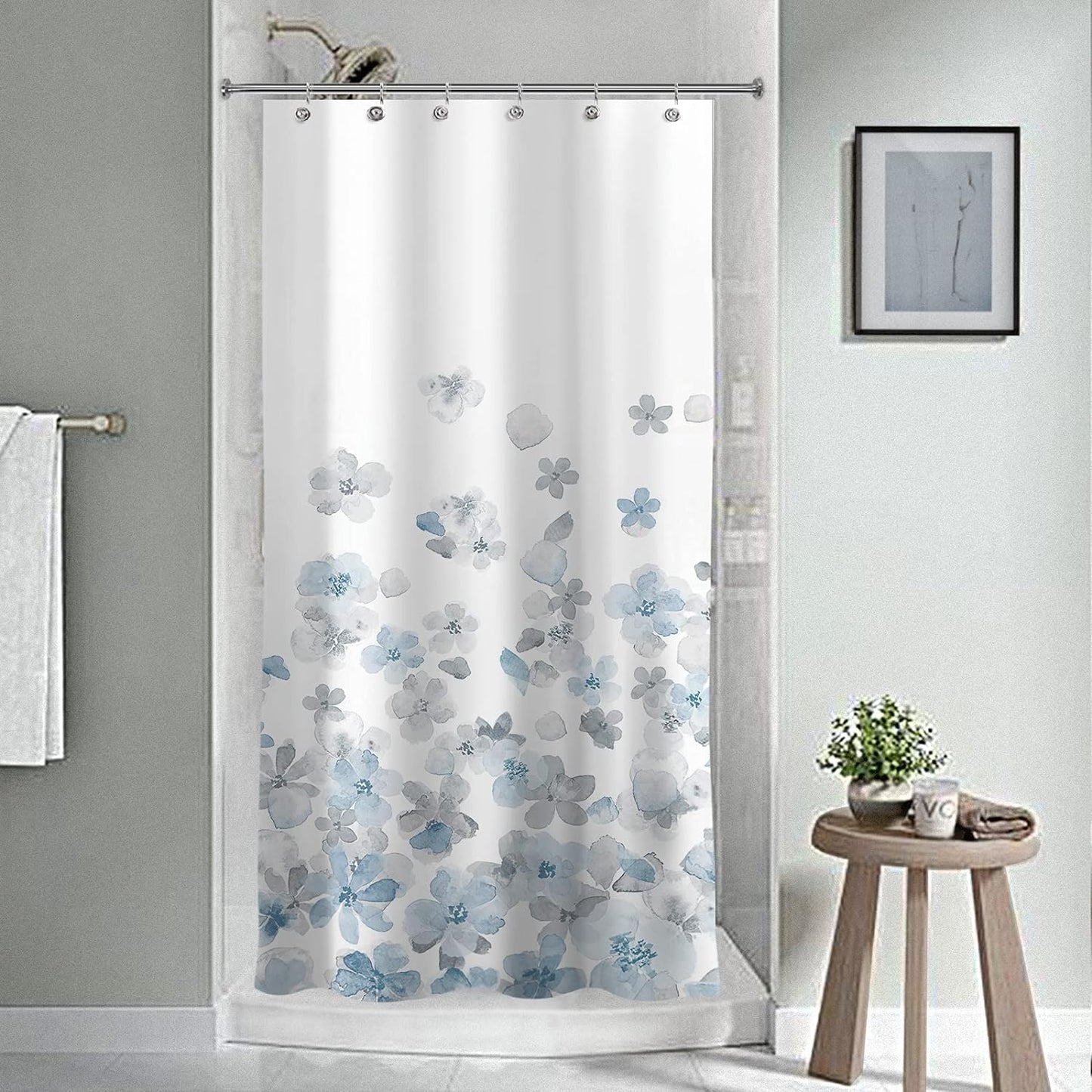 Sunlit Design Simple Style Blue and Gray Flower Blossoms Fabric Shower Curtains for Bathroom Decor with White Background, Machine Washable