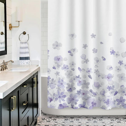 Sunlit Design Simple Style Blue and Gray Flower Blossoms Fabric Shower Curtains for Bathroom Decor with White Background, Machine Washable