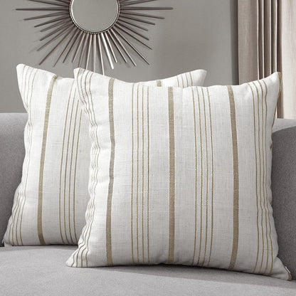 Sunlit Decorative Farmhouse Throw Pillow Case, Cover Only, Set of 2 Cream/Off-White with Charcoal Stripes Square Pillow Cover, 18" x 18", Textured Linen Throw Cushion Covers