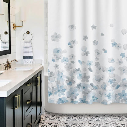 Sunlit Design Simple Style Blue and Gray Flower Blossoms Fabric Shower Curtains for Bathroom Decor with White Background, Machine Washable