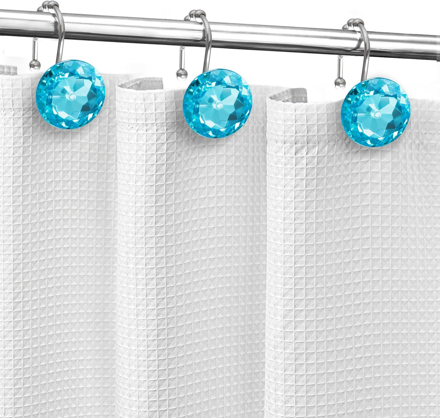 Sunlit Luxury Design Round Teal Blue Diamond Crystal Gem Bling with Glide Balls Shower Curtain Hooks for Mermaid Shower Curtains, Rust Proof Metal Rhinestones Glam Shower Curtain Rings-12 Pack