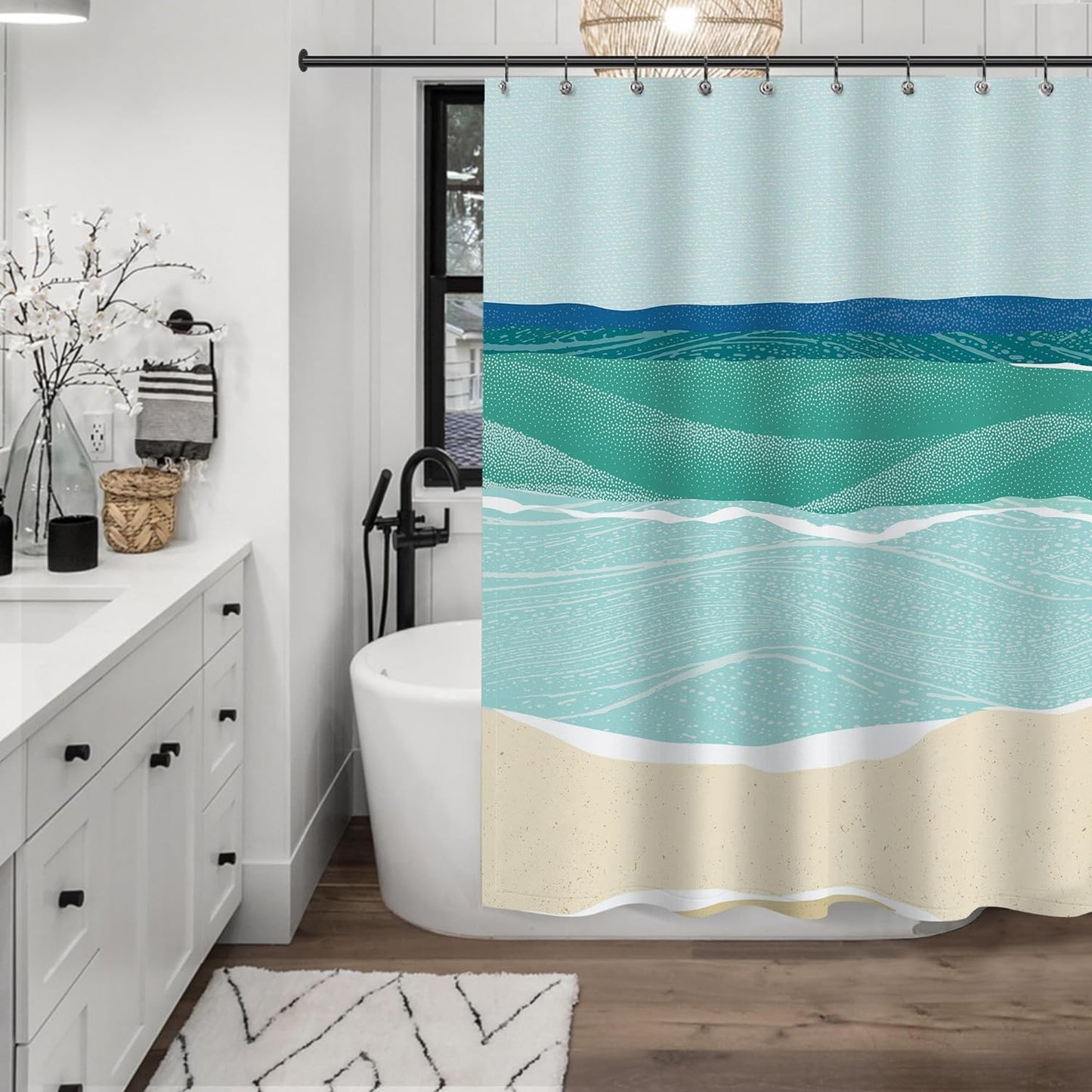 Abstract Beach Shower Curtain, Blue Seashore Ocean Shower Curtains for Modern Bathroom Decor, Coastal Sea Waves Bathroom Curtains, 71x71