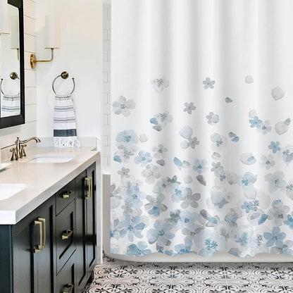 Sunlit Design Simple Style Blue and Gray Flower Blossoms Fabric Shower Curtains for Bathroom Decor with White Background, Machine Washable