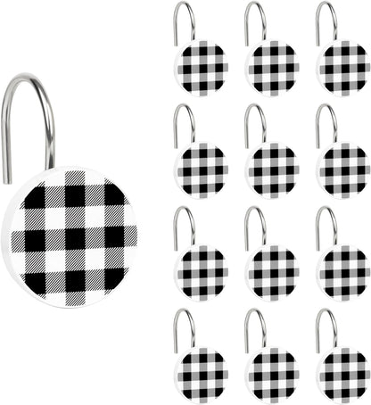 Christmas Decorative Shower Curtain Hooks, Plaid Buffalo Check Shower Curtain Rings, Xmas Classic Decor for Bathroom Home, Round Shower Curtain Hangers, Set of 12, White Black Red Green