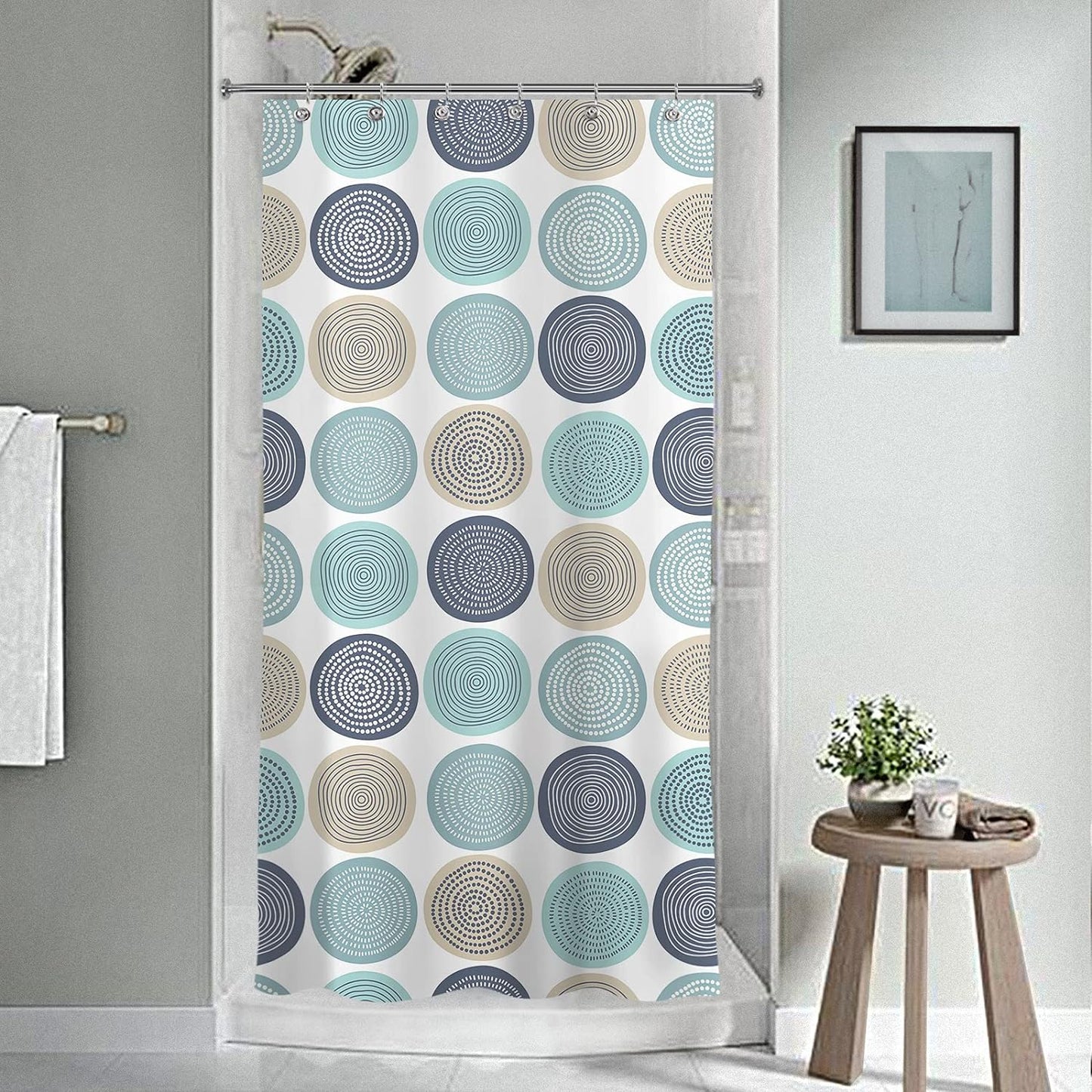 Sunlit Abstract Tree Rings Woody Artistic Fabric Shower Curtain. Nature Pale Blue Teal Beige Light Brown